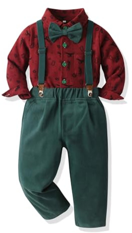 Yoolhamy Baby pojke juloutfit kostym småbarn jul 3 st fluga skjorta och hängslen byxor gentleman set, Röd skjorta + gröna byxor, 4-5 år