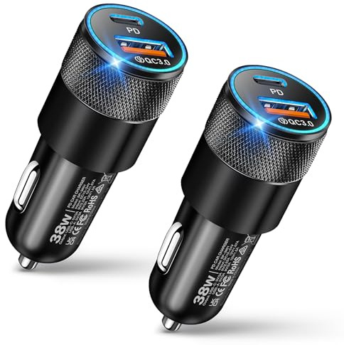 USB C Car Charger, 2 Pack 38W Dual Ports USB-C & USB-A Car Charger Adapter Fast Charging Cigarette Lighter Chargers for iPhone 17 Pro Max 16 16e 15, Samsung S24, Pixel Cargador para Carro Phone Plug