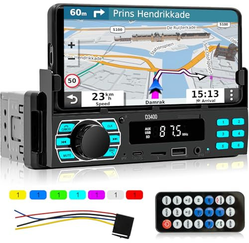 Autoradio Bluetooth 5.1-1 Din Autoradio mit Handyhalterung - App Steuerung, Sprachsteuerung, Freisprechfunktion, FM Radio, USB/Type-C Laden, Bunte Hintergrundbeleuchtung + Fernsteuerung