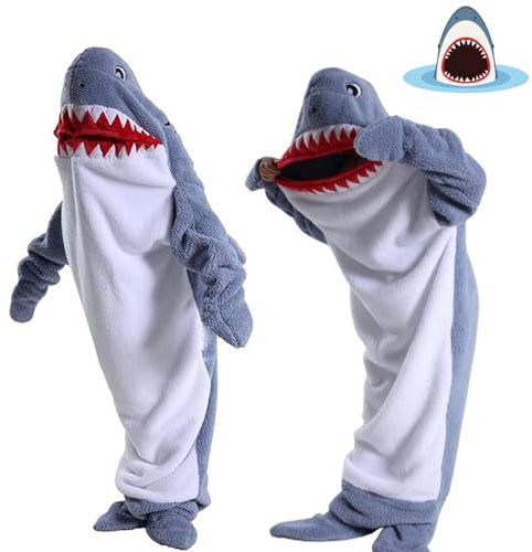 CocCCoon Shark Blanket Hoodie Onesie for Women Men, Soft Shark Cost Pajama Length 210cm, Adult Cozy Wearable Blanket Sleeping Bag (Grey Blue)