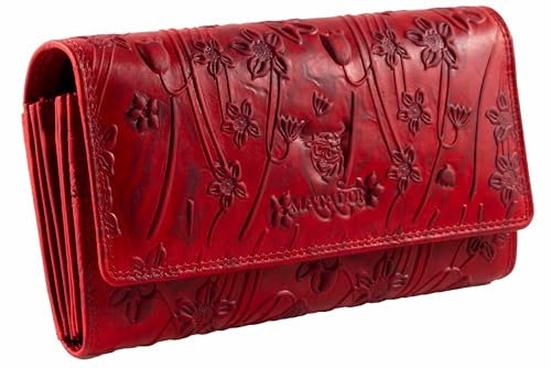 MATADOR XL Karten Portemonnaie Geldbeutel Damen Leder Groß #Budapest mit edler Geschenk Box, Portmonee Geldbörse Damen Gross mit RFID Blocker, Geldtasche Brieftasche, Damenportemonnaie Blumen Rot