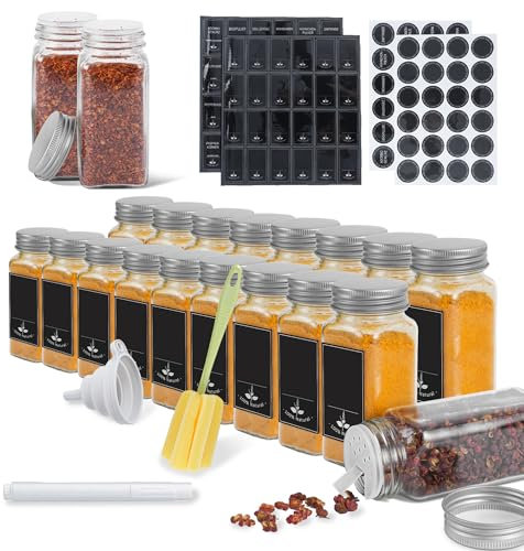 HENGMEI Gewürzgläser Eckig Set 12er Gewürzdosen Set 120ml Spice Gewürzdosen Gewürzbehälter Gewürzstreuer mit Trichter, Leeren Aufklebern, Reinigungsbürste, Sieben, Silber Aluminiumdeckel