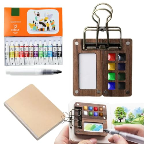 CEWROM Mini Aquarell Set, Tragbare Reise-Palette, Pocketartist Skizzenbuch-Set Travel Watercolor Wood Aquarell Skizzenbuch Maler Clips für Maler Künstler Studenten (8 Gitter)