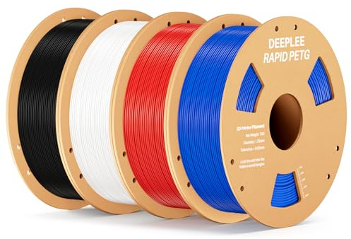 DEEPLEE Filamento PETG Rapido 1.75 mm, Pack 4 kg: Nero + Bianco + Rosso + Blu (4×1 kg), Alta Resistenza agli Urti, Stampa Fino a 638 mm/s per Stampanti 3D FDM