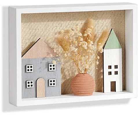 JUJOYBD Deko-Aufsteller Home - Wanddeko Boho ganzjährig - Dekohäuser mit getrockneten Blumen in offenen Holz Tiefrahmen - Weihnachtsdeko für Wohnzimmer, Flur & Schlafzimmer