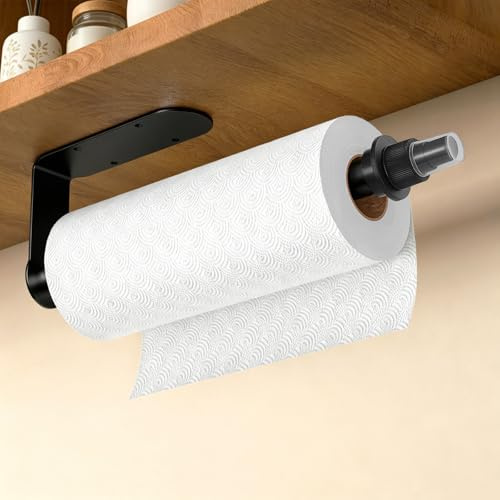 Gewtur Supporto per rotolo di carta da cucina con bottiglia spray, supporto autoadesivo in acciaio inox per rotolo di carta da cucina per bagno RV (Nero)
