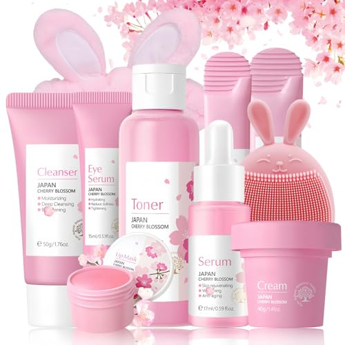 Sakura Skin Care Set Adventskalender Teenager Mädchen - Skincare Set 10PCS - Beauty Set Mädchen - Feuchtigkeitsspendend & Glättend Pflegeset Damen - Geschenk Set für Frauen - Mit Toner,Serum,Creme