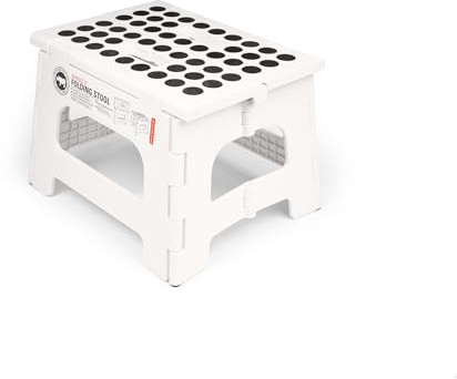 Kikkerland Rhino Foldable Step Stool – Holds Adults up to 300 Lbs, Best for Kitchen & Bathroom – Collapsible, Portable, Lightweight Stepping Stool with Sturdy, Non-Slip Design – White, 8”