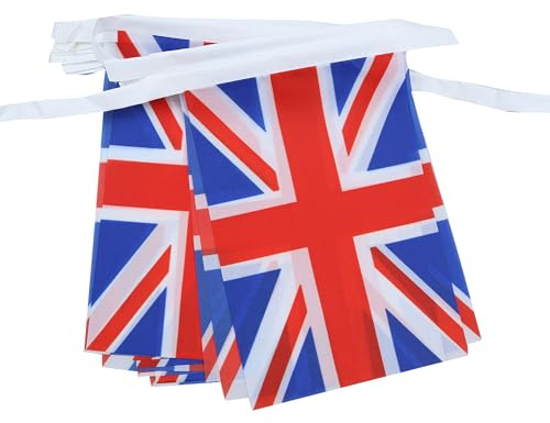 AZ FLAG Guirlande Royaume-Uni 6 m 20 drapeaux Polyester Léger 21x15 cm | Usage intérieur et extérieur Guirlande de drapeaux anglais United Kingdom drapeaux cousus sur un ruban renforcé