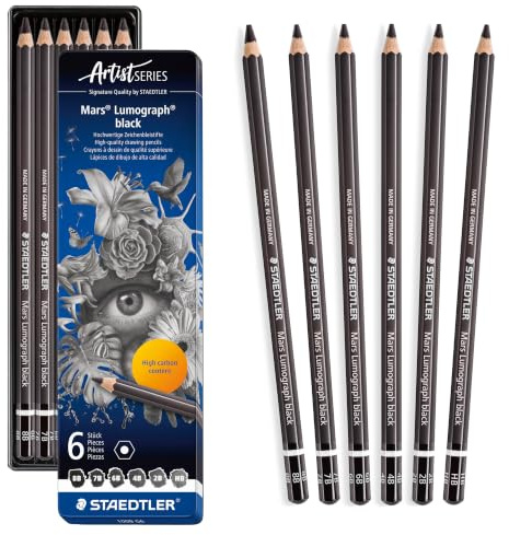 STAEDTLER Künstlerbleistift Mars Lumograph black, Sechskantform, hochwertige Premium-Bleistifte mit spezieller Minenrezeptur, 6 ST in Metalletui, 100B G6, Schwarz | Sortierte Härtegrade, tiefschwarze Minen, hohe Bruchfestigkeit – Art.-Nr. 100B G6
