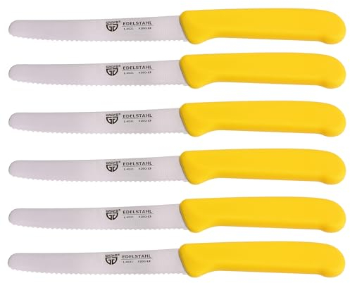 GRÄWE Tafelmesser 6 Stück, Messerset zum Schneiden, 6er Pack Brötchenmesser, Frühstücksmesser mit einseitigem Wellenschliff, Brotmesser, scharfe Messer für Brotzeit, 21 cm - Gelb