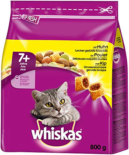 Whiskas Katzenfutter Trockenfutter Senior 7+ mit Huhn, 5 Beutel (5 x 800g)