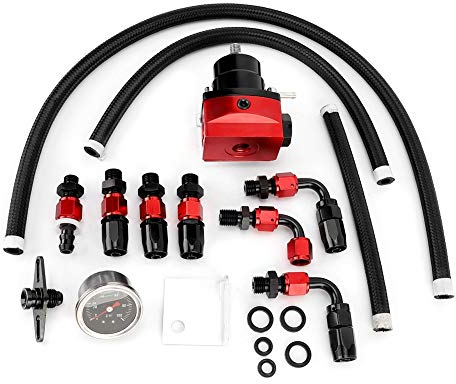 Kraftstoffdruckregler Kit - Universell einstellbarer Aluminiumdruckregler mit 160 PSI Manometer für die meisten Fahrzeuge (Rot+Schwarz)