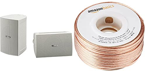 Yamaha NS-AW294 (WH) 2-Wege Außenlautsprecher Paar (100 Watt, 87dB) weiß & Amazon Basics Lautsprecherkabel 1,3 mm² / 16 Gauge, 30,48 m (100 Fuß)