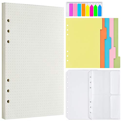 Gepunktetes Nachfüllpapier, 200-Punkte-Rasterseiten, 5 farbige Binder-Teiler, 160 PCS-Registerkarten mit Lineal, 2 PCS-Binder-Taschen für den nachfüllbaren A6 Journal Notebook Planner Organizer