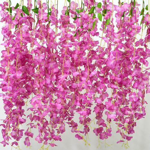 AIBAOBAO Artificial Flowers Wisteria, 12PCS Fake Flowers Vine Garland, Hanging Trailing Plants Bush String Flower for Wedding, Party, Ceremony, Home, Garden, Outdoor, Indoor Decoration (Mulberry)