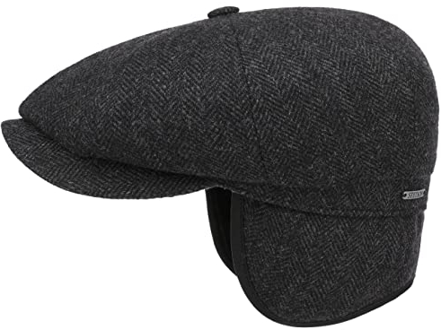 Stetson Hatteras Classic Ear Flaps Flatcap Schirmmütze Fischgrätmuster Wollcap Ohrenschutz Made in EU Herren Herbst Winter schwarz-grau 55 cm