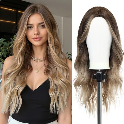 Esmee Long Wavy Ombre Brown till ljusbrun syntetiskt hår peruker för kvinnor Medium Pitch Brown peruker för daglig fest Cosplay användning-24 tum