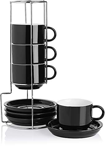 Sweejar Home Porcelain Cappuccino Cups with Saucers and Metal Stand, 230ml Stackable Espresso Cups for Specialty Coffee Drinks, Latte, Americano, Tea - Set of 4 (Black)
