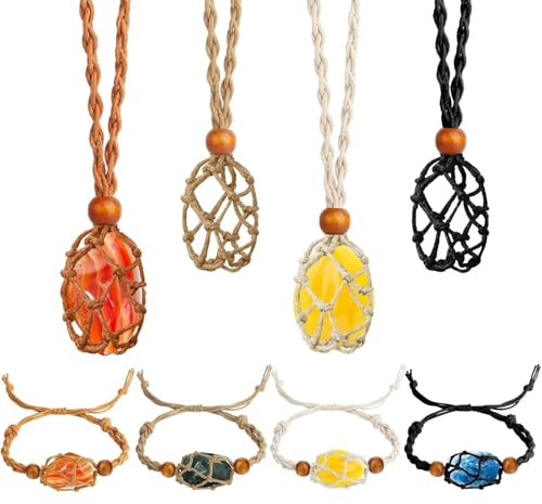 EEEKit 4 Jaulas para Colgantes de Collar & 4 Cordones para Pulseras, Soporte para Cristal Cuerda de Algodón Trenzada Ajustable para Fabricación de Joyería