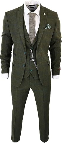 Men's 3 Piece Suit Wool Tweed Green Blue Brown Check 1920s Gatsby Formal Dress Suits - Olive 42