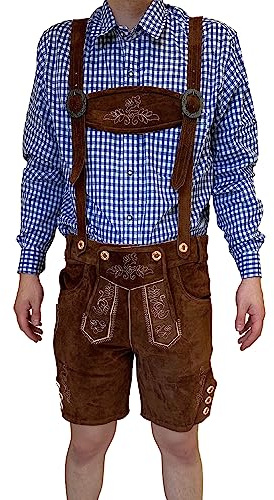 Dretaild Herren Lederhose Tracht Kurz mit Hosenträgern Rindleder Trachtenhose Premium Tracht Oktoberfest Volksfest Kurz geschnitten mit stilvollen Riemen Größe 46-60