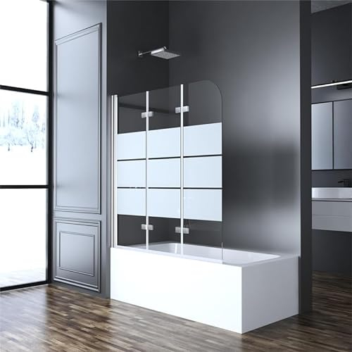 Duschtrennwand 120 x 140 cm Duschwand für Badewanne 3-teilig, Goezes Gestreift Faltbar Duschabtrennung Badewannenaufsatz mit Streifen Glas, Faltwand Duschwand aus 6 mm ESG Sicherheitsglas