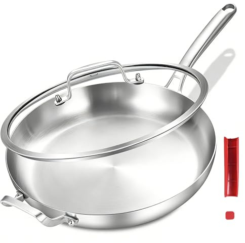 Inqibee 14-Inch Tri-Ply Stainless Steel Large Skillet with Lid,Large Frying Pan with Helper Handle,Jumbo Cooker,Induction Pan,Heavy Duty and Dishwasher Safe
