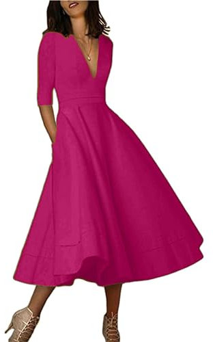 YMING Ladies Summer Retro Party Prom Dress With Pockets - 3/4 Sleeve, Sexy V Neck - Rose L