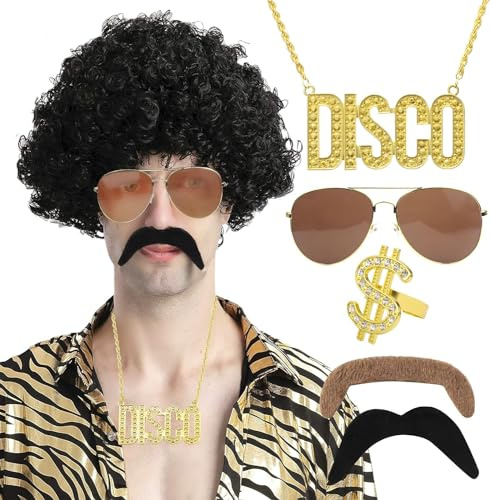 Rierousy 80er Jahre Perücke Herren 6 Set, Vokuhila Perücke, 70er Jahre, 80er Männer Halloween Fasching Kostüme Party Accessoires Funky Afro hippie accessoires herren