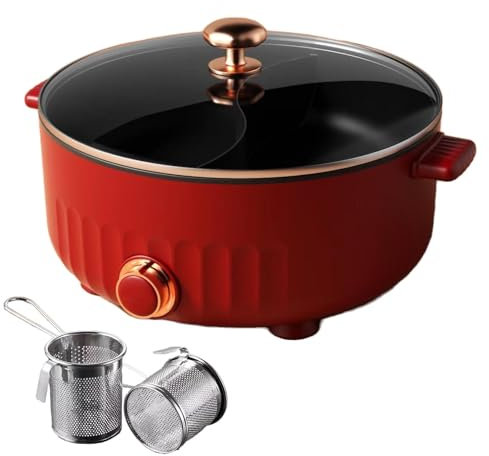 ARTSIM Fondue Chinoise, 6 litres, 1350 Watts, 30cm De DiamèTre Appareil A Fondue IdéAl pour Les RéUnions De Famille (avec 2 Filets Non éTanches),Red