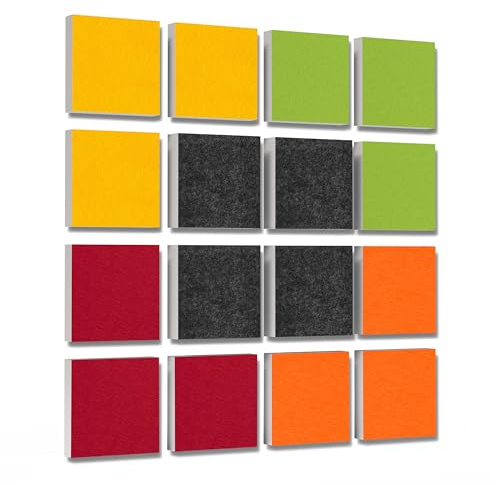 platino24 Akustikpaneele 16 Elemente 3D-Set Colore Quadrat 27,5 x 27,5 cm Multicolore I Schallabsorber aus Basotect G+ mit Akustikfilz I Schalldämmung Wand & Decke I Akustikelemente Wandpaneel