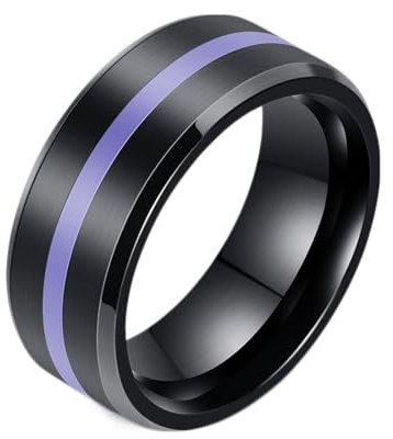 Beydodo Ringe Edelstahl Schwarz, Herren Ring Personalisiert 8MM Gebürstet mit Lila Emaille Freundschaftsringe Männer Ringe Nickelfrei Gr.65 (20.7)