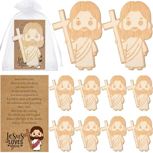 Cinnvoice 25 Sets Easter Party Favors Wooden Mini Little Jesus Figures with Love You Cards and Bags Religious Baptism Religious Church Gifts Party Decoration