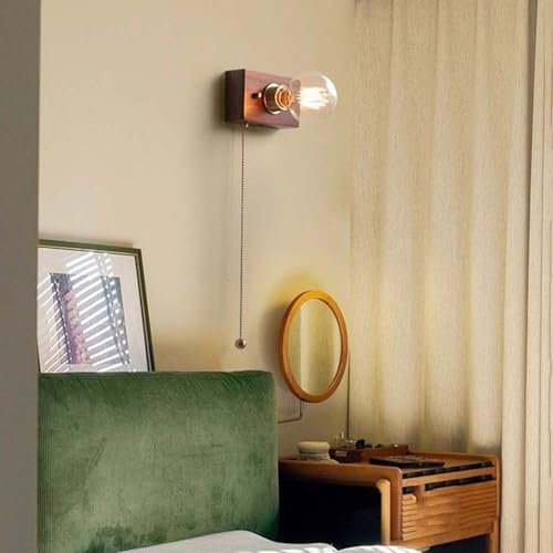 AoLa Holz Wandleuchte Mit Schalter Vintage Quadratisch Wandlampe Innen E27 Sockel Aus Messing Retro Design Bettlampe Wand Dekorative Rustikal Für Schlafzimmer Wohnzimmer Warmweiß 3000K,A
