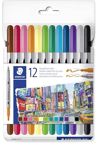 STAEDTLER 3200 Doppelfasermaler, zwei Spitzen für schmale und breite Linien, Etui mit 12 Doppelfasermalern in sortierten Farben, 3200 C12