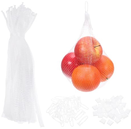 sourcing map 100 Pcs Reusable Mesh Produce Bags, 35cm/14 Inch Washable Net Storage Bags Reusable Grocery Reusable Storage Bags with Plastic Buckle for Fresh Fruit Vegetables Seafood, White