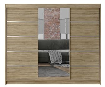 ELUKS - DERVINO Sliding Doors Wardrobe with Mirror Furniture for Bedroom Living Room and Hall Wardrobe Organizer Width 100cm/120cm/150cm/180cm/200cm/WHITE/BLACK/OAK (Oak, 200cm)