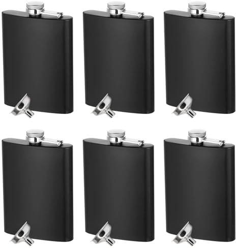 Lot de 6 Flasques 8 oz en Acier Inoxydable avec Entonnoirs, Flasques de Poche Noires Mates Étanches pour Homme Femme, Mariage, Randonnée, Camping, Alcool, Whisky