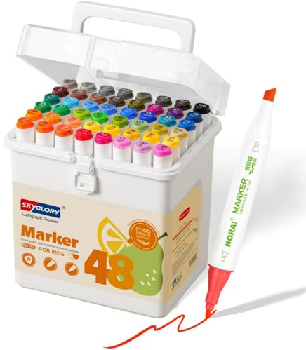 SKYGLORY 48 Colours Washable Water-Based Ink Marker Set, Dual Tip Colouring Marker Pens, Art Beginners Felt Tip Painting Pens for Drawing Journaling Lettering (48)