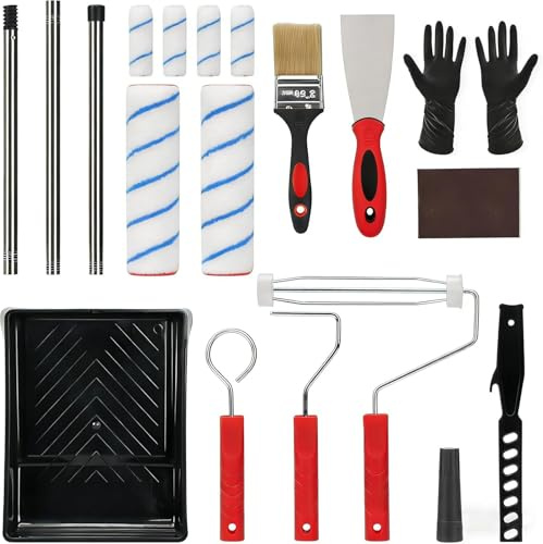 AstraLoom 19-teiliges Malerrollen-Set – 9 Zoll & 4 Zoll Rollen mit 1.2m Edelstahl-Teleskopstange, Mikrofaserbezügen, Farbwanne, Schaber & Handschuhen – Ideal für Wände und Decken（rot）