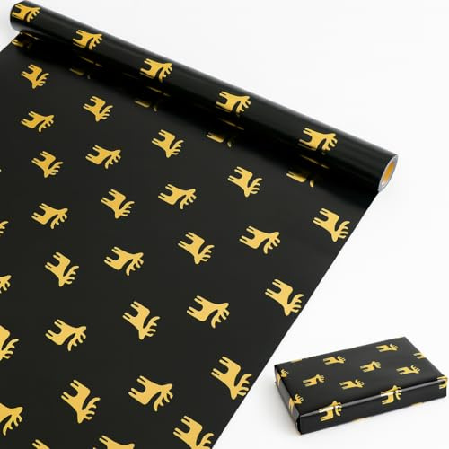Lyroiphic Geschenkpapier Weihnachten Rolle – Schwarz mit Goldfolie Rentiere Design, 43 cm × 5 m | Dickes Weihnachts-Geschenkpapier für Geschenke, Party & DIY Basteln, Elegante Geschenkverpackung