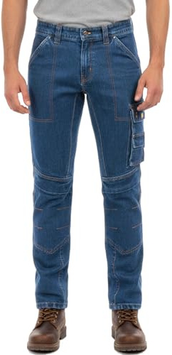 ALF.GERMANY Jean de travail pour homme – Pantalon de travail robuste en denim avec poches cargo multifonction et poches genouillères, bleu clair, 32W / 34L