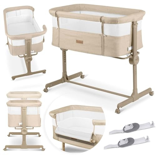 Nukido Babybett Beistellbett Reisebett - Bis 9 kg 5 Monate - Mit Matratze - Klappbar - Auf Rollen - Höhenverstellbar - Beige