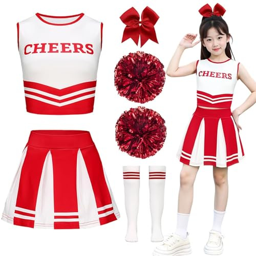 XFOZDM Cheerleader Kostüm Kinder Kleid cheerleader kostüm damenmit Pompoms und Socken cheerleader kostüm kinder schwarz für Faschingskostüme Halloween Karneval Outfit，Red-150
