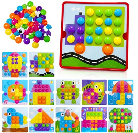 Euablfo Mosaik Steckspiel,kinderspielzeug Montessori Steckspiel mit 46 Steckperlen und 12 Bunten Steckplätte,Kinderspiele zum Lernen von Farben, Geschenk für Jungen Mädchen Kinder ab 2-5 Jahre