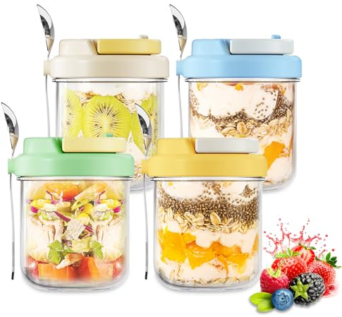 4 Pack Overnight Oats Container, Overnight Oats Jars with Lid and Spoon