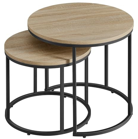 Couchtisch rund 2er Set für Wohnzimmer – Beistelltische im Loft-Design, ineinander schiebbar, Sofatische aus Holzwerkstoff und Stahl, modern, platzsparend (Sonoma Eiche - Schwarz)