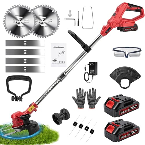 Tagliaerba a batteria, 3 in 1, 21 V, decespugliatore elettrico a batteria e tagliabordi, decespugliatore a batteria da 8, con 2 batterie da 1,5 Ah e caricabatterie, con 4 lame e testa girevole a 90°