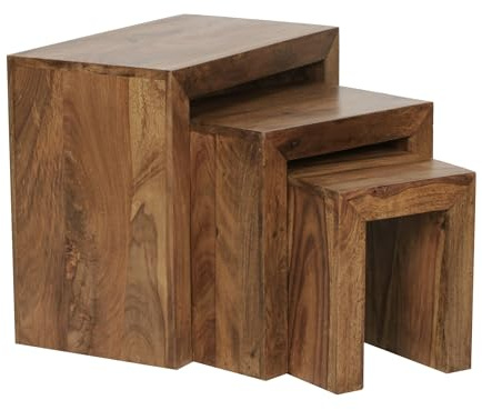 FineBuy Satztisch 3er Set Sheesham Massivholz Braun, Couchtisch | Beistelltische im Landhausstil in 3 Größen, Wohnzimmertische aus Echtholz, handgefertigt, Unikate